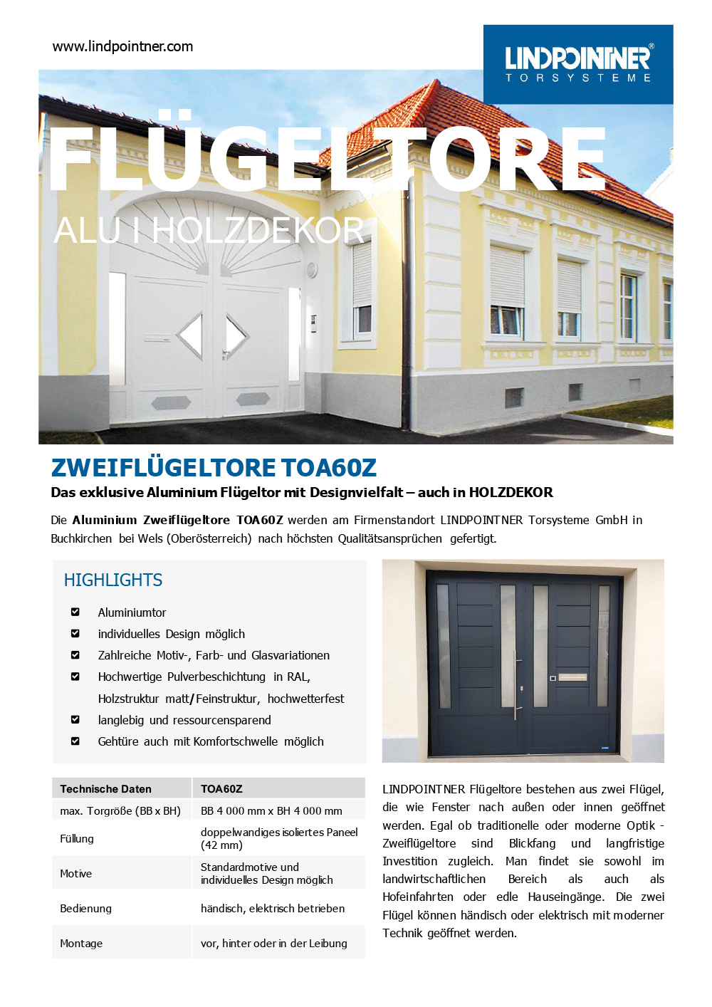 Lindpointner Flyer Zweiflügeltore Blätterkatalog Seite 1